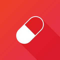 Pill icon. Flat design style modern illustration. Isolated on red color background. Flat long shadow icon. Elements in flat design
