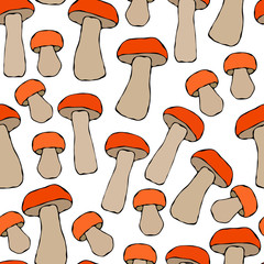 Seamless Endless Red or Orange Aspen Mushrooms Pattern. Autumn or Fall Harvest Collection. Realistic Hand Drawn High Quality Vector Illustration. Doodle Style.