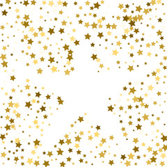 gold frame or border of random scatter golden stars on white background. Design element for festive banner, birthday and greeting card, postcard, wedding invitation. Vector illustration