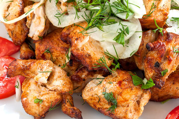 Fried skewers on the grill in a white dish
