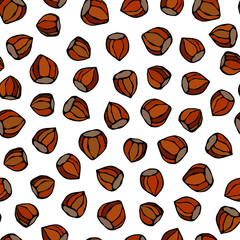 Hazelnut Seamless Endless Pattern. Whole Unpeeled Hazelnut. Autumn or Fall Harvest Collection. Realistic Hand Drawn High Quality Vector Illustration. Doodle Style.