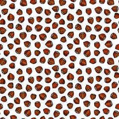 Hazelnut Seamless Endless Pattern. Whole Unpeeled Hazelnut. Autumn or Fall Harvest Collection. Realistic Hand Drawn High Quality Vector Illustration. Doodle Style.