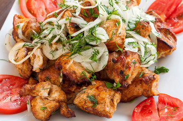Fried skewers on the grill in a white dish