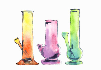 Set of three colorful glass water bongs in a line. Marijuana smoking equipment painted in watercolor on clean white background