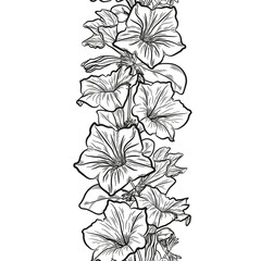 Seamless vector border with outline petunia flowers for floral design.