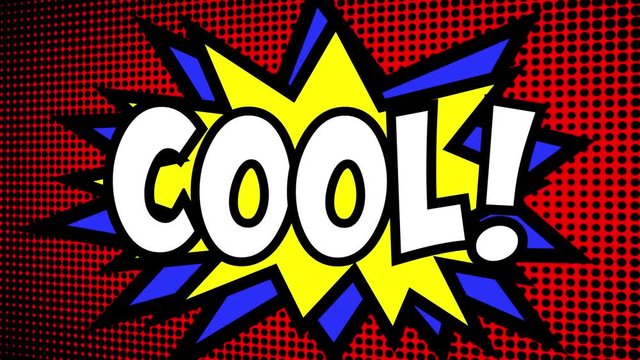 A comic strip cartoon animation, with the word Cool appearing. Green and halftone background, star shape effect.
