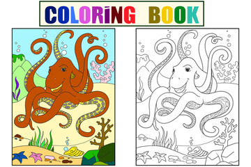 Color and coloring cartoon animal friends in nature. black lines, white background. Underwater world, octopus on the ocean floor