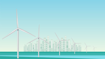 Wind turbines power station with urban city skyscrapers skyline, energy concept vector background.