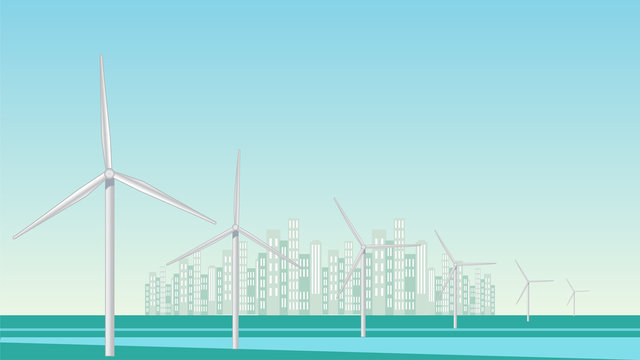 Wind turbines power station with urban city skyscrapers skyline, energy concept vector background.