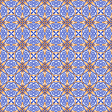 Ornamental seamless vector pattern. Blue and orange print for textile