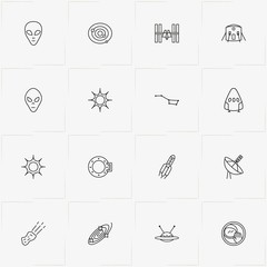 Astronomy line icon set with sun, asteroid and alien