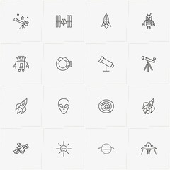 Astronomy line icon set with space ship, universe and satellite