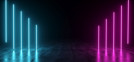Futuristic Sci Fi Purple And Blue Neon Tubes Glowing On Dark Concrete Reflective Surface With Empty Space In The MIddle 3D Rendering