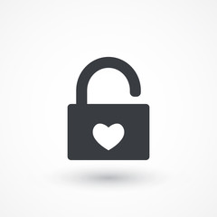 Lock icons. A simple silhouette of the lock for the door with heart. Open. illustration flat design