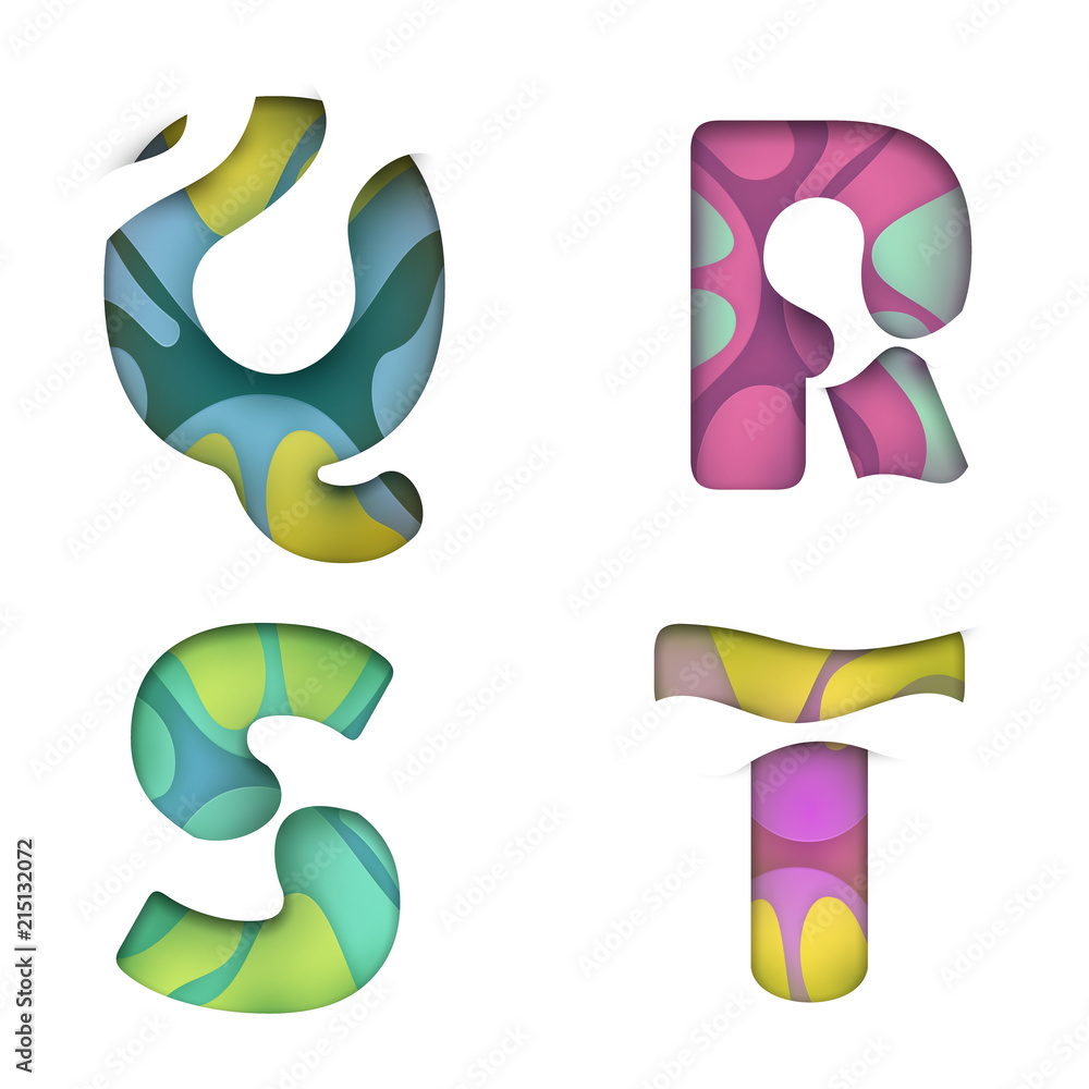 Wall mural Paper cut color letter Q R S T isolated on white background. Colorful 3d design for advertising, branding greeting card, cover, poster, banner. Vivid character of alphabet font. Vector illustration.