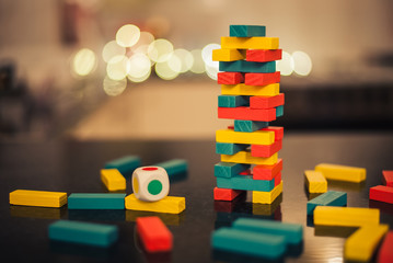 Jenga. Set of tower game. Wooden stack block toy. Business risk concept with wood jenga game.Businessman manage his strategy. - 215132460