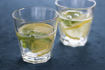 Two glasses of water with lemon and mint.