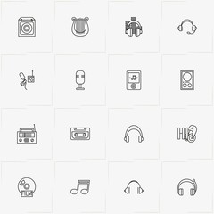 Audio line icon set with microphone, cassette and compact disk