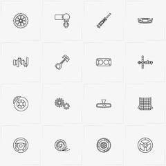 Auto Parts line icon set with bumper, mechanism and camshaft