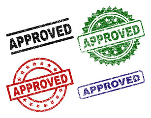 APPROVED seal prints with damaged surface. Black, green,red,blue vector rubber prints of APPROVED tag with retro surface. Rubber seals with circle, rectangle, medal shapes.