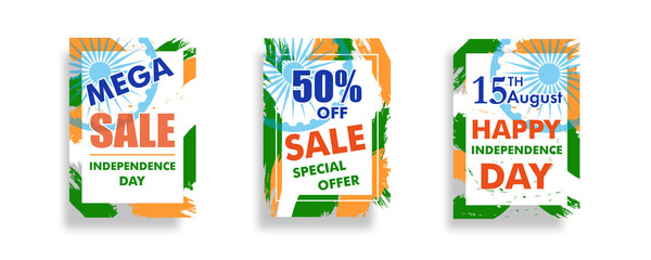 Set modern frame for text for Indian Independence Day with Ashoka wheel 15 th august. Sale design poster or banner. Vector