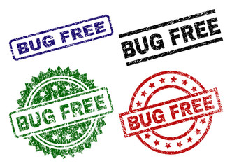 BUG FREE seal prints with corroded style. Black, green,red,blue vector rubber prints of BUG FREE label with dirty style. Rubber seals with circle, rectangle, medallion shapes.