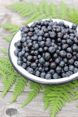 Blueberries in a bowl on a wooden table, top view.