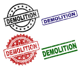 DEMOLITION seal prints with distress surface. Black, green,red,blue vector rubber prints of DEMOLITION label with unclean surface. Rubber seals with round, rectangle, medal shapes.