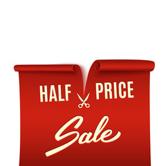 Half price discount, red realistic ribbon, advertisement, big sale, vector illustration