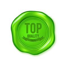 Vector green wax seal isolated on white, top quality, vegan product