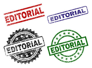 EDITORIAL seal prints with damaged style. Black, green,red,blue vector rubber prints of EDITORIAL text with grunge style. Rubber seals with circle, rectangle, medal shapes.