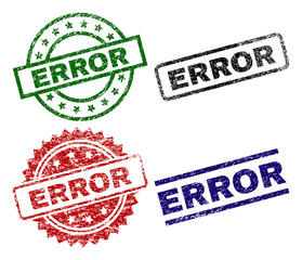 ERROR seal prints with damaged texture. Black, green,red,blue vector rubber prints of ERROR caption with unclean texture. Rubber seals with round, rectangle, rosette shapes.