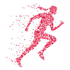 Abstract silhouette running woman of flying red particles isolated on white background. Healthy lifestyle concept. Vector illustration.
