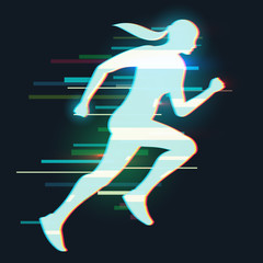 Abstract silhouette running woman in moderd distorted glitch style. Healthy lifestyle concept. Vector illustration.