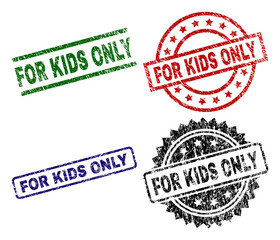 FOR KIDS ONLY seal prints with distress texture. Black, green,red,blue vector rubber prints of FOR KIDS ONLY caption with dirty texture. Rubber seals with round, rectangle, rosette shapes.