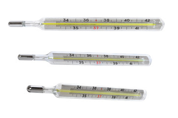 medical mercury thermometer in three projections white isolated background
