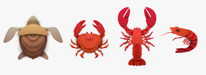 Set of sea animals in trendy paper cut craft graphic style. Turtle, lobster, shrimp, crab. Modern design for advertising, branding greeting card, cover, poster, banner. Vector illustration.