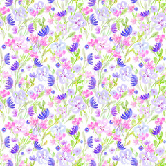 Fototapeta na wymiar Seamless pattern: watercolor and gold ballpoint pen hand drawn flowers on a white isolated background