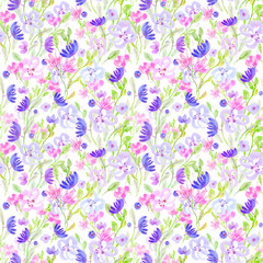Seamless pattern: watercolor and gold ballpoint pen hand drawn flowers on a white isolated background