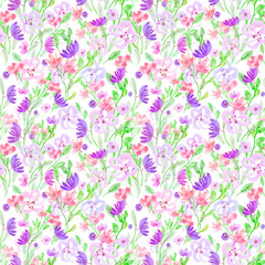 Seamless pattern: watercolor and gold ballpoint pen hand drawn flowers on a white isolated background