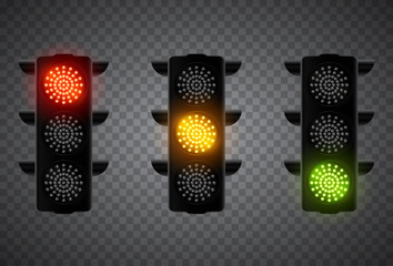 Realistic 3d led traffic lights isolated on transparent background. Vector illustration.