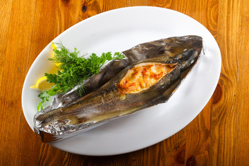 Baked trout with shrimps