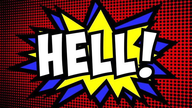 A comic strip cartoon animation, with the word Hell appearing. Green and halftone background, star shape effect.
