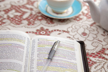 Bible Set Out with Tea for a Ladies Bible Study