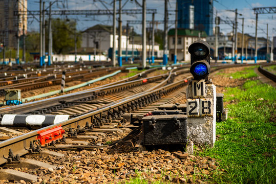 railway semaphore near the rails to the railway station