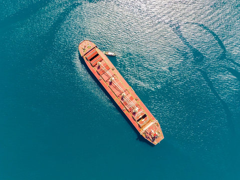 Large bulk carrier in the sea, aerial view.