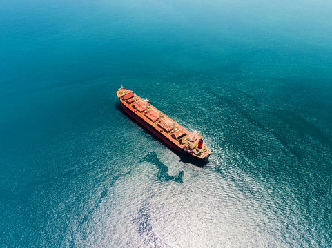 Large bulk carrier in the sea, aerial view.