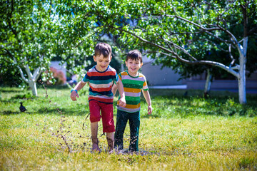 Little boy and his brother play in summer park. Children with colorful clothes jump in puddle and mud in the garden.