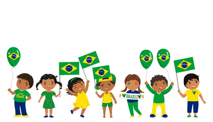 children holding Brazil flags. Vector illustration