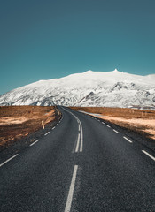 Street Highway Ring road No.1 in Iceland, with view towards mountain. Southern side if the country.